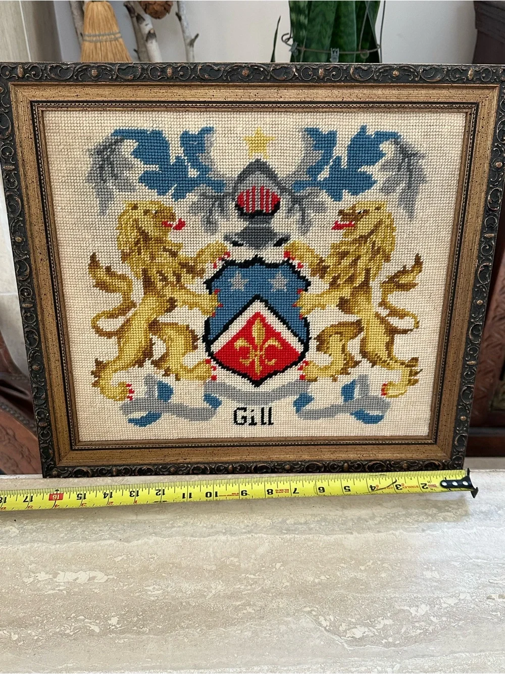 Handcrafted Heraldic Lion Needlepoint Wall Art in Gold / Blue GILL FAMILY CREST